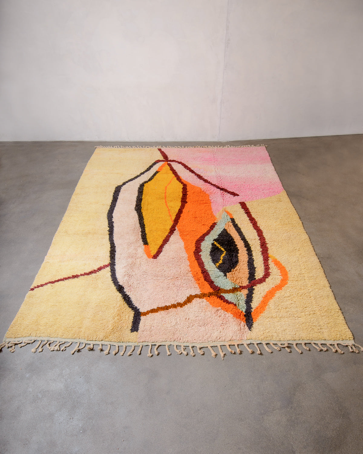 Modern, designer, handcrafted Berber rug from Morocco. Vintage carpet with beautiful colours and patterns and fluffy texture.